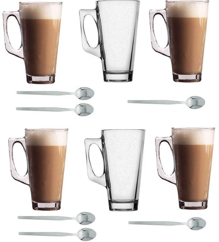 Bulk glass cups coffee glass coffee mugs wholesale 350ml coffee glass set of 6 with spoon